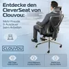 A man sitting in an office chair, with marketing text and icons. Produktbild-Vorschau