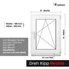 A diagram illustrating the dimensions and features of a white window frame, with text providing example calculations and specifications. Anteprima dell’immagine prodotto
