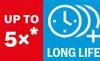 A split image with red on the left and blue on the right. The red side has white text that says "UP TO 5x*". The blue side has a white icon of a clock with a plus sign and text that says "LONG LIFE". Produktbild-Vorschau