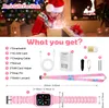 A child opening a gift box with a glowing light, and a diagram showing the contents of a smartwatch package. Produktbild-Vorschau
