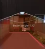 A floodlight is mounted on a roof, illuminating a pathway and garden area at night. The beam angle is indicated. Produktbild-Vorschau