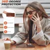 A woman is using a smartphone with a brown wallet case while sitting at a table with a coffee cup. Produktbild-Vorschau