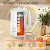 A white electric kettle is shown on a table with a mug of coffee and pastries, with a clock face in the background. The image also displays temperature settings and beverage icons. Produktbild-Vorschau