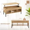 A wooden coffee table with a lift-top feature and open shelving, shown with dimensions and weight capacity. Anteprima dell’immagine prodotto
