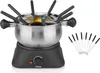 A fondue set with a pot on a heating base and fondue forks. Produktbild-Vorschau