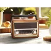 A retro-style portable radio with a wooden finish is placed on a light-colored wooden surface, with blurred greenery in the background. Voir les images du produit