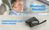 A man driving a car while wearing a Bluetooth headset, with a close-up of the headset below. Produktbild-Vorschau