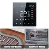 A collage showing a smart thermostat and two examples of floor heating systems. Produktbild-Vorschau