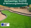 An image of artificial grass installed in a garden patio area, with text overlays promoting quality and weather resistance, and a 'Made in EU' logo. Náhled obrázku produktu