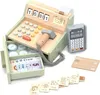 A wooden toy cash register with accessories, including play money, coins, a credit card, and a card reader, arranged on a white background. Produktbild-Vorschau