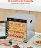 A VEVOR dehydrator with 10 stainless steel trays filled with various dehydrated foods, with a hand reaching to pull out a tray. Podgląd zdjęcia produktu