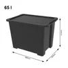 A black storage box with a lid, shown with dimensions indicated by measurement lines and text. Produktbild-Vorschau