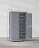 A grey cabinet with dimensions marked. The cabinet has two doors on the top section and two doors on the bottom section. The top section has two shelves, and the bottom section has two shelves. Produktbild-Vorschau