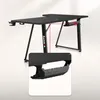 A black L-shaped gaming desk with a close-up inset showing a detail of the desk's structure. Podgląd zdjęcia produktu