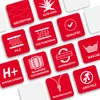 A collage of red square icons with white graphics and text, each representing a product feature. Produktbild-Vorschau