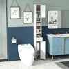 A bathroom scene with a toilet, vanity, and a tall, narrow cabinet. Podgląd zdjęcia produktu