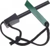A fire starter tool with a black handle and rod, and a green striker, on a white background. Produktbild-Vorschau