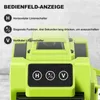 Close-up of a green laser level device with control panel and text annotations explaining its functions. Produktbild-Vorschau