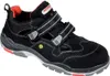 A black safety sandal with orange accents and gray sole, shown from the side against a white background. Produktbild-Vorschau