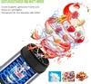A blender is shown with ingredients like strawberries, nuts, and ice being blended into a red liquid. The blender has a battery indicator on its side. There are also smaller inset images of ice cubes, frozen fruit, and nuts. Produktbild-Vorschau