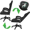 Two views of a black office chair, one upright and one reclined, with green arrows indicating movement and a close-up of a headrest showing a tilt diagram. Voir les images du produit