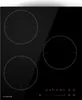 A black induction cooktop with three cooking zones is shown from a slightly elevated front view, set against a white background. The cooktop has a sleek, modern design with touch controls and a digital display. Podgląd zdjęcia produktu
