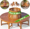 Collage of images showing a wooden circular bench designed to surround a tree, with close-ups and lifestyle shots. Produktbild-Vorschau