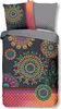 A folded duvet cover and pillowcase set with a colorful mandala pattern on a dark gray background. Produktbild-Vorschau