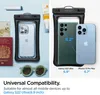 A collage showing a waterproof phone pouch with phones inside and other travel items. Podgląd zdjęcia produktu