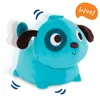 A blue plush puppy toy is shown from the front, with motion lines indicating movement and a speech bubble saying 'Woof'. Náhled obrázku produktu