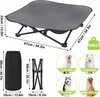 A collage of images showing a raised dog bed, its folded form, a storage bag, and illustrations of different dog breeds. Produktbild-Vorschau
