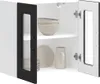 An open kitchen cabinet displaying bowls, plates, and a pitcher. Voir les images du produit