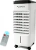 A white evaporative cooler and its remote control are displayed on a white background. Produktbild-Vorschau