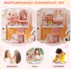 A collage showing a pink children's vanity set with a mirror and chair, and three smaller images of children playing. Podgląd zdjęcia produktu