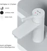 A white bathroom faucet is shown on a light gray surface, with color options and additional product information displayed on the left side. Produktbild-Vorschau