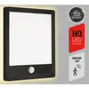 A product image of a black LED outdoor wall lamp with a white illuminated panel and marketing information on the right side. Produktbild-Vorschau