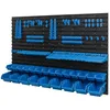 A wall-mounted storage system with multiple bins and holders. Produktbild-Vorschau