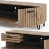 A product image showing a wooden TV stand with black accents, featuring an open cabinet and a partially open drawer. Podgląd zdjęcia produktu