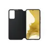 A black flip case for a smartphone is shown open, with the phone's screen displaying a yellow abstract pattern. Náhľad obrázku produktu