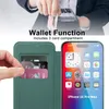 A person's hand is shown inserting a card into a green wallet-style phone case, with a smartphone displaying its home screen next to it. The top part of the image shows a person using a card reader. Produktbild-Vorschau