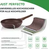 A diagram and image of a frying pan, illustrating its layered construction and compatibility with different stovetops. Voir les images du produit