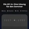 A close-up of a control panel of a mobile air conditioner with text overlays describing its features. Produktbild-Vorschau
