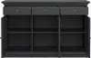 A dark gray sideboard with three drawers and three doors, all open to show the interior shelves. Produktbild-Vorschau