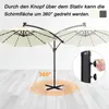 A patio umbrella with LED lights is shown, with an illustration demonstrating its 360-degree rotation capability. Produktbild-Vorschau