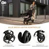 A woman pushing a stroller on a sidewalk, with close-up shots of the stroller's wheels and features below. Voir les images du produit