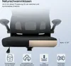 Close-up of an office chair seat with feature callouts and text descriptions. Produktbild-Vorschau