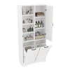 A white storage cabinet with its doors open, displaying various bathroom items and towels on shelves, and two laundry baskets at the bottom. Náhled obrázku produktu