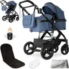 A collage of a blue baby stroller and its accessories, including a baby bottle holder, a seat liner, and a blanket. Produktbild-Vorschau