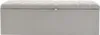 A light gray upholstered storage bench is shown from the front. Voir les images du produit