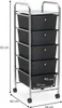 A rolling storage cart with five black drawers and a chrome frame, shown with dimensions indicated by text overlays. Produktbild-Vorschau